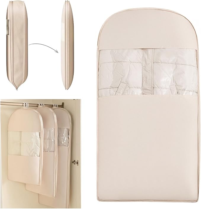 Space Saving Hanging Compression Garment Bag with Zipper for Closet Storage, Hanging Clothes Storage Bag, Garment Covers for Coats and Down Jackets, Beige, L