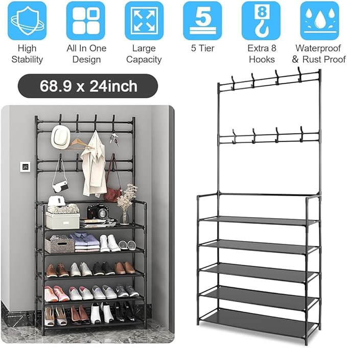 5 Tiers Shoe Rack Coat Rack, Entryway Bench Storage Organizer Multi-Functional Freestanding Shoe Shelf Coat Storage Organizer with 8 Hooks Hat Rack for Entryway Home Door Hallway