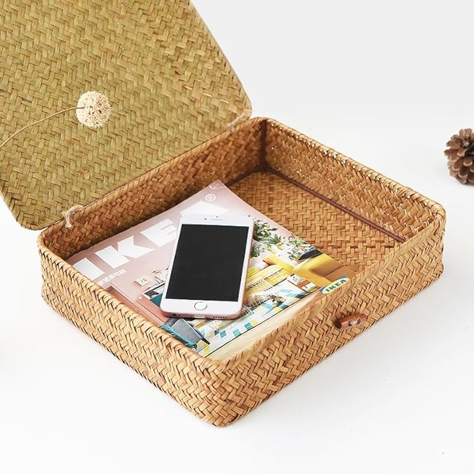 Seagrass Storage Baskets with Lid, Flat Wicker Basket, Shallow Woven Basket for Shelf, Decorative Storage Boxes for Organizing