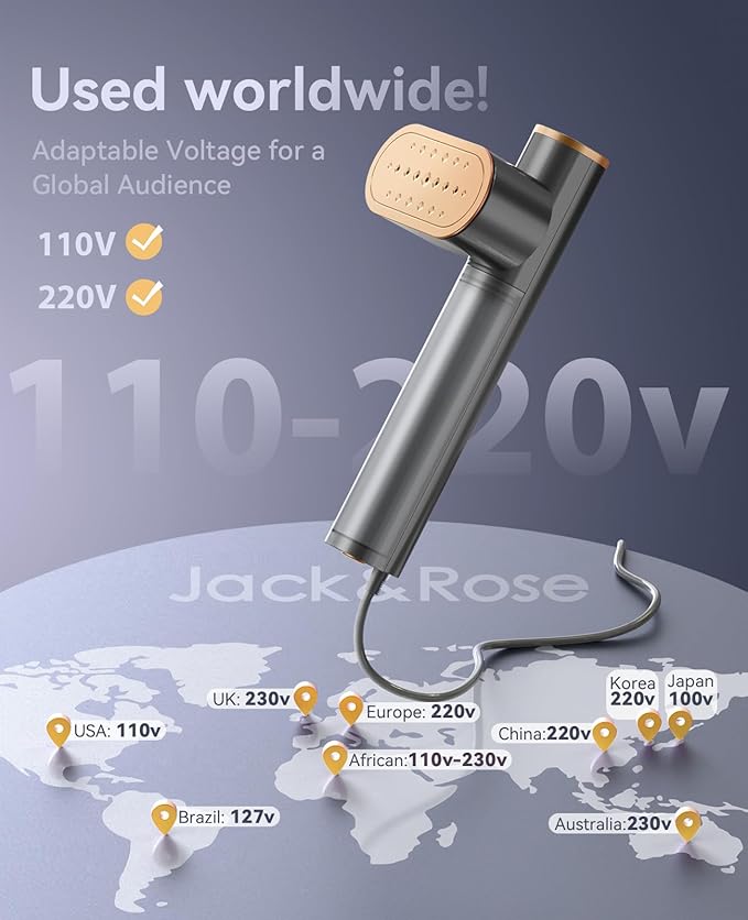 Jack ＆ Rose Travel Steamer for Clothes,100-220V Portable Iron,15s Heat Up,Steamer ＆ Iron 2 In 1, Travel Size,Large Ceramic Heat Panel,for Global and Europe