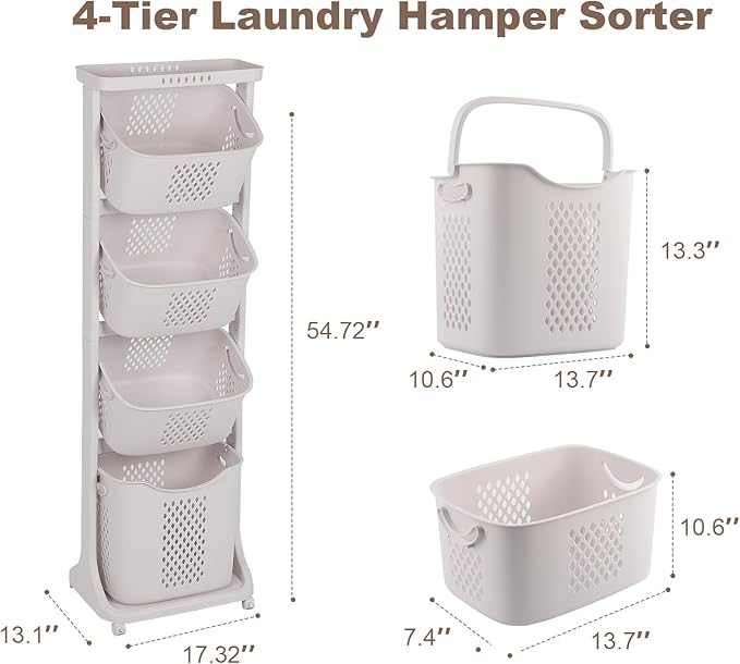 4-Tier Laundry Sorter Cart with Wheels, Large 95L Capacity Hamper Organizer, Rolling Storage with Removable Mesh Bins for Heavy Duty Use in Home, Dorm, Apartment (17.32"x13.1"x54.72")