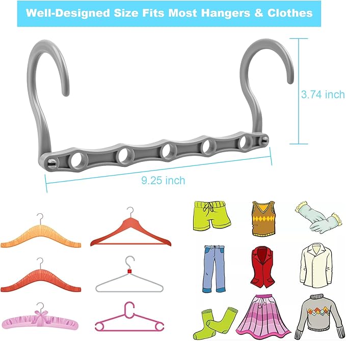 DUCOO 10 PCS Space Saving Hangers, 5-Hole Magic Hangers - Sturdy Plastic Hanger, Closet Organizers for Clothes Storage, College Dorm Essentials, Home Organization (Gray)