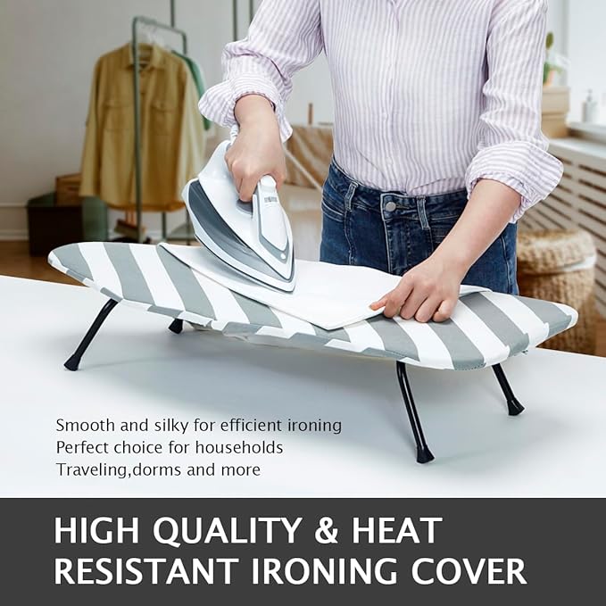 SheeChung Small Ironing Board 12"x32" Foldable Ironing Board with Cotton Cover and Pad,Tabletop Compact Ironing Broad with Retractable Hook & Skidproof Feet for Small Spaces Laundry Room,Grey Striped