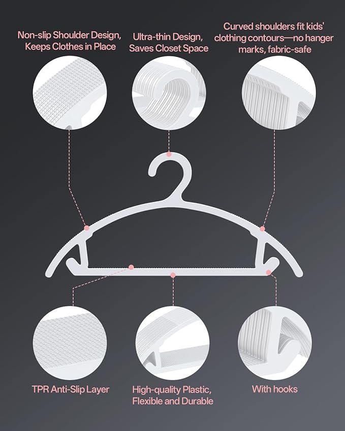 60 Pack Kids Hangers, Non-Slip & Sturdy Coat Hangers, Ultra-Thin Plastic Suit Hangers for 7-12 Years Old, Dry & Wet Dual-Use Multi-Scenario Storage, Holds Up to 11 LB, 14" W, White, UAPY0960W