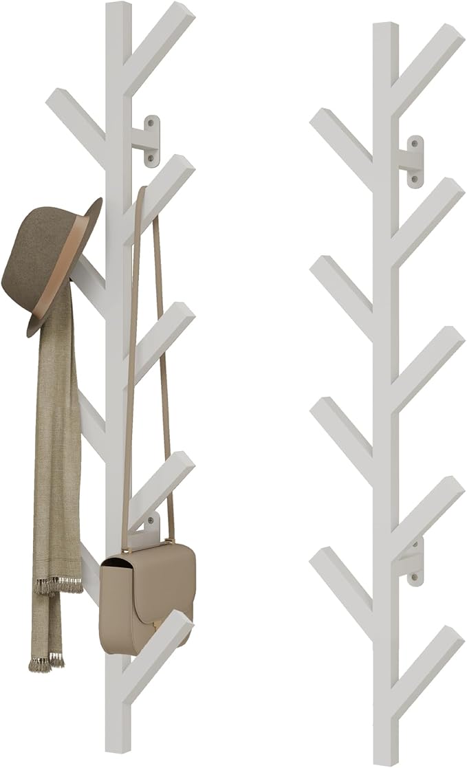 2 Pack Vertical Coat Rack Wall Mounted - 9 Hooks, Coat Hooks for Wall, Modern Metal Coat Tree for Hats, Jackets, Bags, Entryway Bedroom-White (Height 37.8")