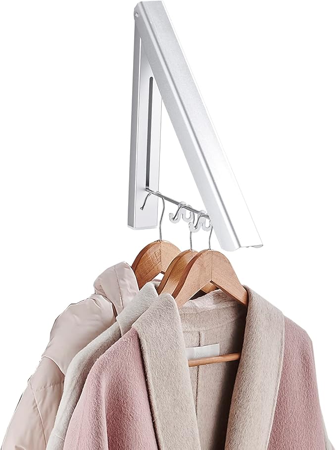 Dr.DJ Retractable Clothes Rack Wall Mounted Clothes Hanger - Foldable Clothes Drying Rack Wall Mount Coat Hangers for Laundry Indoor, Aluminium (1 Rack, Silver)