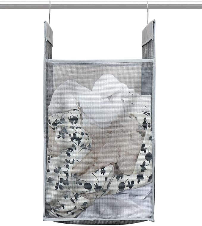 ALYER Hanging Collapsible Closet Mesh Laundry Hamper,Heavy Duty Laundry Basket and Durable Dorm Bathroom Storage Bag with Two Hangers,Gray