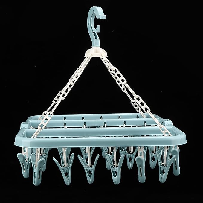 Laundry Hanger, with 32 Clips Foldable Clothespin Drying Rack for Socks Underwear Bras Scarf S Blue (Blue)