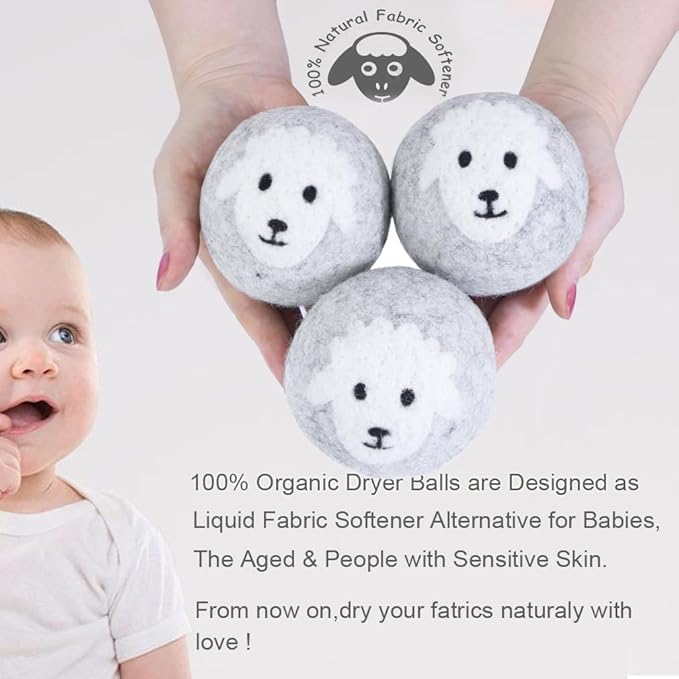 Wool Dryer Balls Organic XL 6-Pack, 100% New Zealand Chemical Free Fabric Softener for 1000+ Loads, Baby Safe & Hypoallergenic, Reduce Wrinkles & Shorten Drying Time Naturally (Grey Sheep)