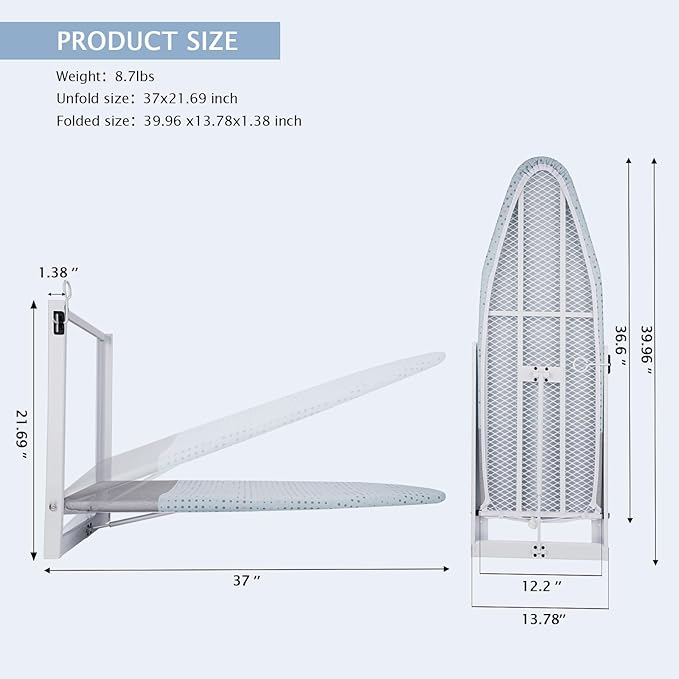 SheeChung Wall Mount Ironing Board 36"X12",Compact Wall Ironing Board with Removable Cotton Cover,Fold Down Iron Board for Small Space,Easy-Release Lever,Blue Dots