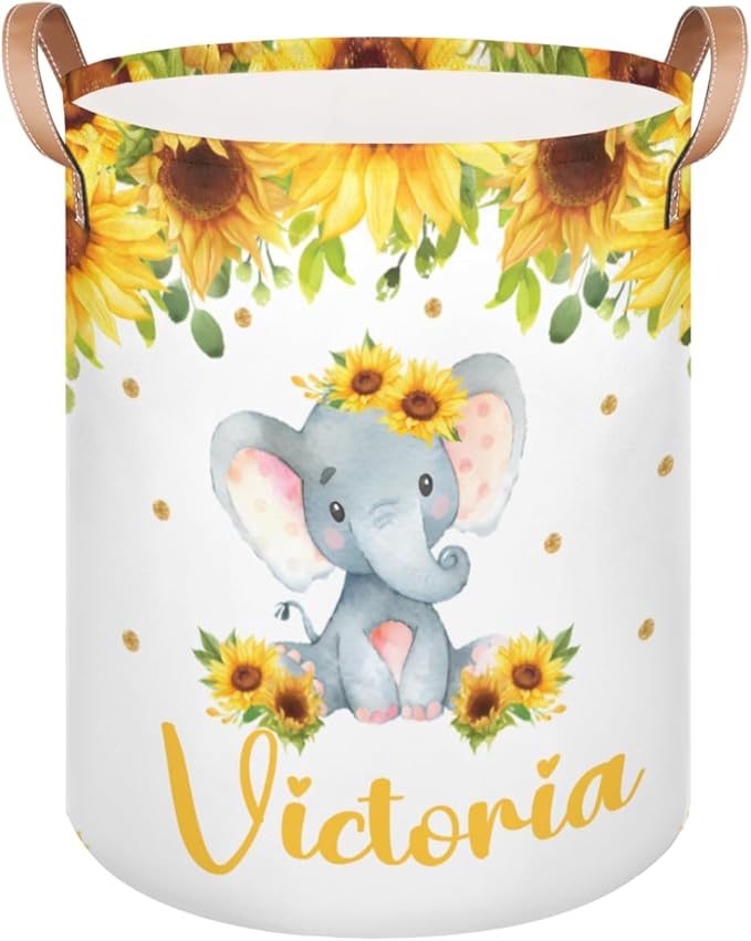 Personalized Laundry Basket, Custom Gift Laundry Hamper, Collapsible Nursery Waterproof Laundry Baskets, Dirty Clothes Toy Hamper with Handles Elephant Sunflower Floral