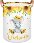 Personalized Laundry Basket, Custom Gift Laundry Hamper, Collapsible Nursery Waterproof Laundry Baskets, Dirty Clothes Toy Hamper with Handles Elephant Sunflower Floral