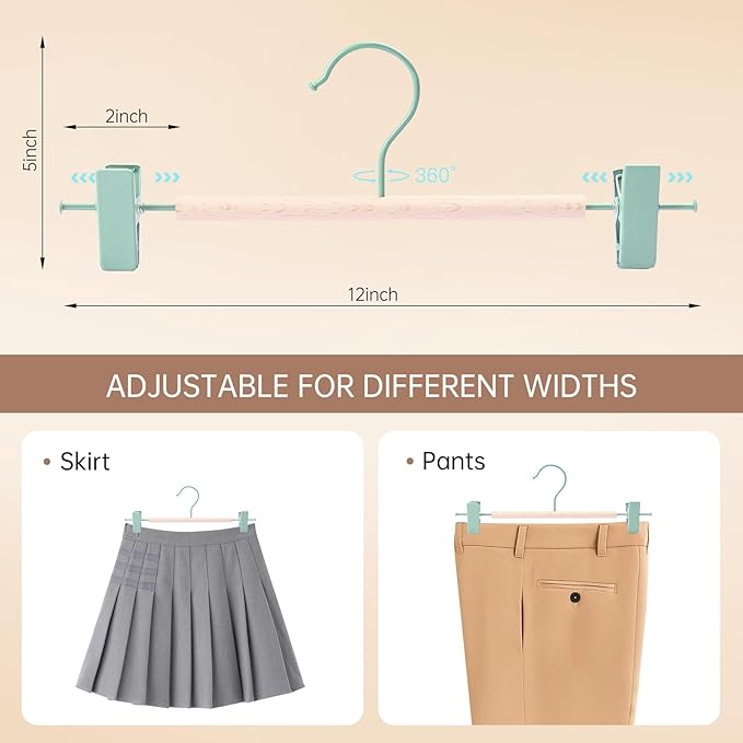 Wooden Pants Hangers with Clips 12 Pack, Heavy Duty Adjustable Clip Non Slip Skirt Hanger for Jeans, Trousers, Short, Clothes, Space Saving Closet Organizer (Green, 12 Pack)