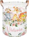 Personalized Laundry Basket, Custom Gift Laundry Hamper, Collapsible Nursery Waterproof Laundry Baskets, Dirty Clothes Toy Hamper with Handles Safari Animals Pink Floral