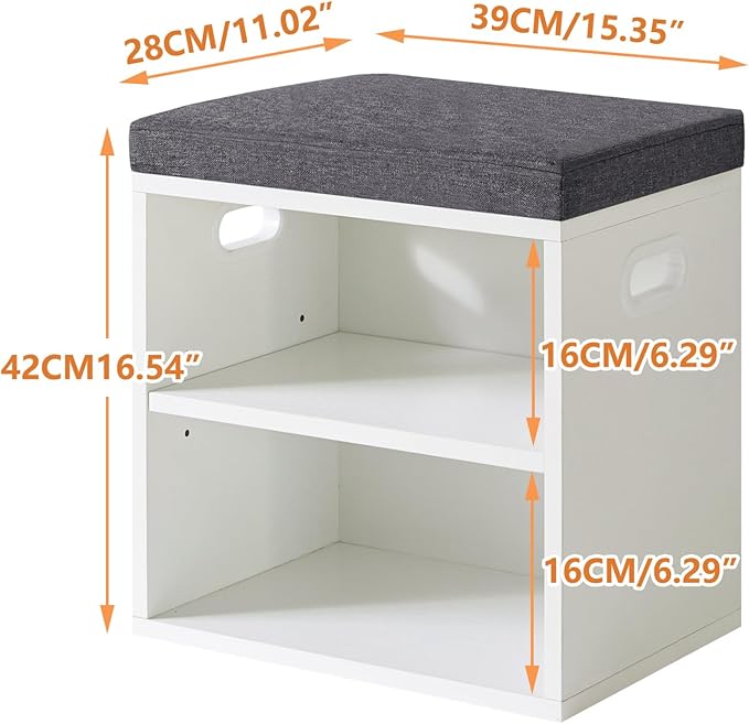 YMYNY Shoe Storage Bench with Cushion, 2 Tier Shoe Rack with Padded Seat, Adjustable Shoe Organizer Cabinet for Entryway, Living Room, Hallway, Closet, Bedroom, 15.4L*11W*16.54H, White, UHBD028W