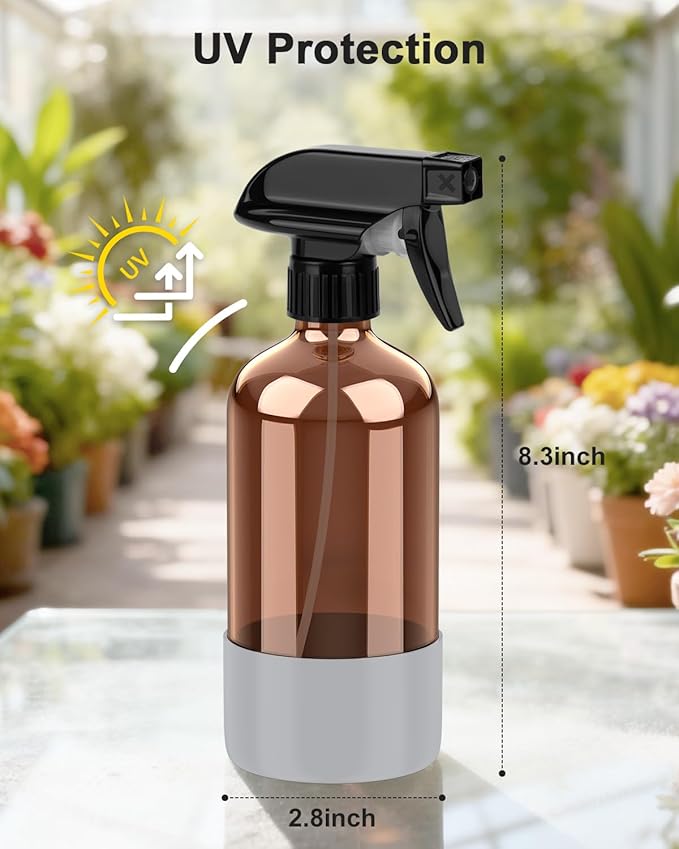Amber Glass Spray Bottle with Silicone Sleeve Protection, 16 oz Refillable Spray Bottle for Cleaning Solutions, Plants, Aromatherapy, Facial Hydration (Grey Sleeve(Amber Bottle)