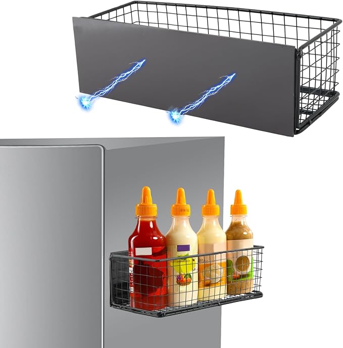 Magnetic Basket Magnetic Fridge Organizer, Magnetic Shelf for Fridge, Magnetic Spice Rack Wire Mesh Magnetic Organizer Holder Accessories(Black,Size:9.8x3.9x3inch)