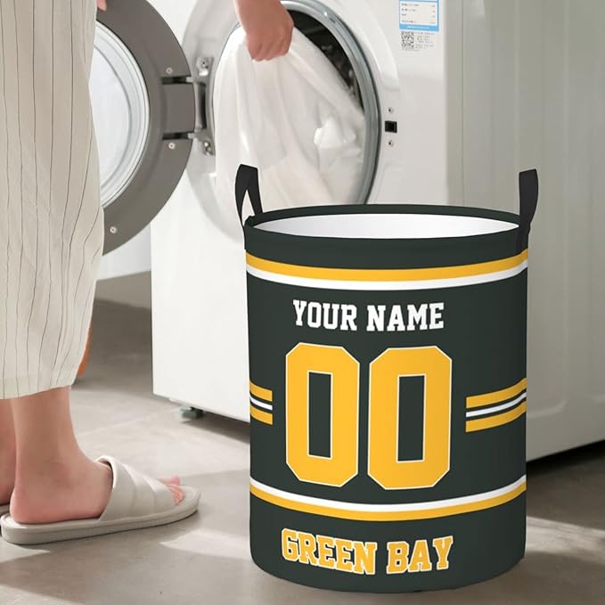 Custom Green Bay Laundry Hamper Personalized Laundry Basket Customized Name And Number Collapsible Storage Basket for Bedroom Bathroom Living Room Gifts