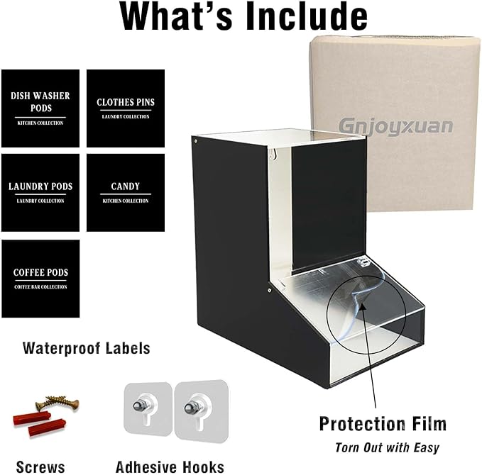 Laundry Pods Container, Acrylic Candy Dispenser with 2 Lid, Dishwasher Pod Holder for Laundry Room, Home, kitchen, Office Used- Stand or Wall Mount,Black