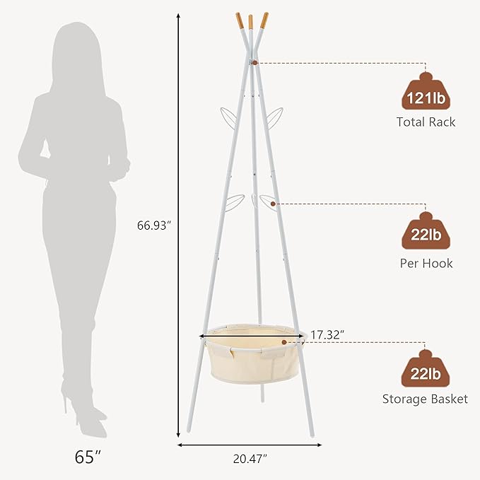 Tajsoon Coat Rack Stand, Coat Tree with Storage Basket and 9 Hooks, Coat Rack Freestanding for Bedroom, Hallway, Office, Coat Hangers Stand for Clothes, Scarves, Hats, Bags, White