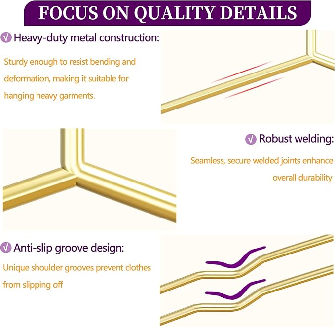40Pack Gold Hangers + 5 Clothes Pins, Premium Glossy Gold Strong Metal Hangers, Upgraded Thickened Reinforced 50lbs Weight Capacity, Suitable for Heavy Coats, Jackets, Shirts, Dresses