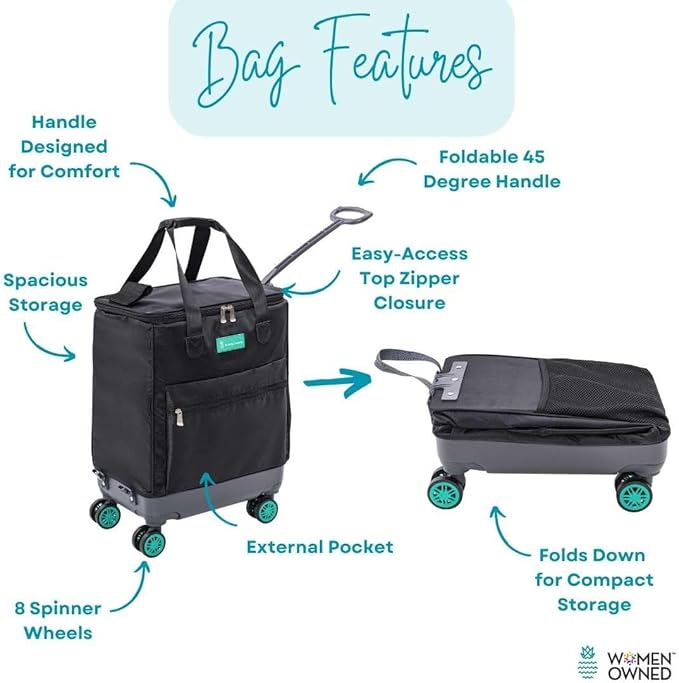 Handy Sandy All-Purpose Roller Bag – Foldable Top-Opening Tote on Wheels with Zipper Closure, 8 Spinner Wheels, Lightweight – Travel, Groceries, Laundry, Work, Everyday Hauling - Patent-Green