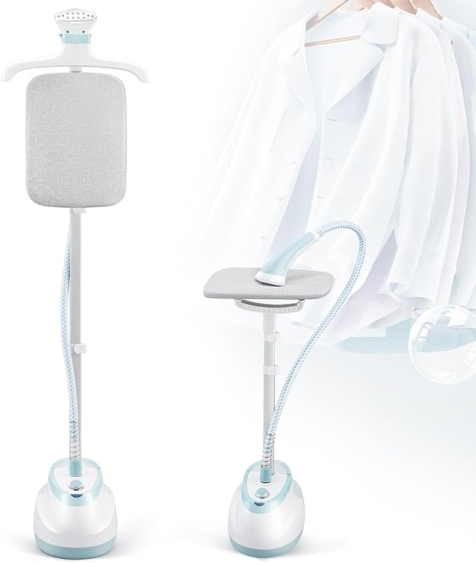 CGOLDENWALL 2-in-1 Standing Garment Steamer for Clothes with Flat & Hanging Iron Options, Powerful Wrinkle Remover, 1-Hour Continuous Steaming, Includes Garment Hanger, Ironing Board, and Gloves