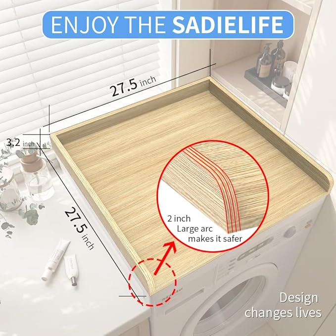 Washer Dryer Countertop Only, 27.5" x 27.5" Laundry Room Countertop for Folding, Washer and Dryer Countertop Single with Non-Slip Pads, Easy Install Washer and Dryer Topper with Edge Rails Wood