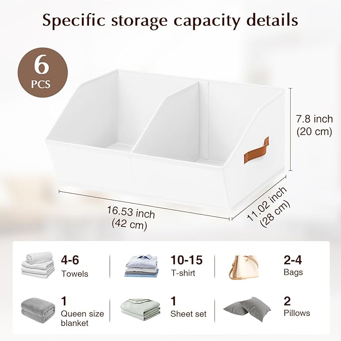 Closet Organizers and Storage Bins - 6 Pack Collapsible Divided Trapezoidal Cube Storage Bins Baskets with Orange Handle for Organizing Clothes Blankets, Toys, Books, Towels(White)