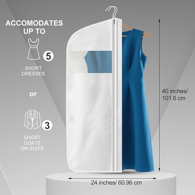 100% Organic Cotton Garment Bag Short 40 Inch Breathable Proof Hanging Clothes Bag Covers with Viewing Window Card Pocket for Short Dresses Jackets Suits Organization(40 Inch)