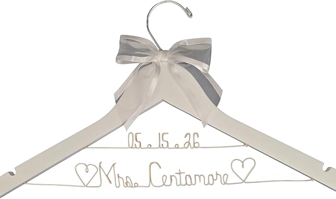 Bride Wedding Dress Hanger Gold Wire Writing, Personalized, Mrs., Choice of 10 Bow Colors - Bride Name - Quality White or Dark Wood Hanger with Notches - Bridal Gift with or Without Wedding Date
