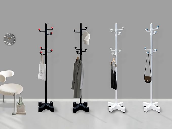 PRINCE HANGER Freestanding Coat Rack for Entryway — Heavy Duty Modern Clothes Rack with 6 Rotating Hooks, Space-Saving Single Pole Design (White, PHUS-3001)