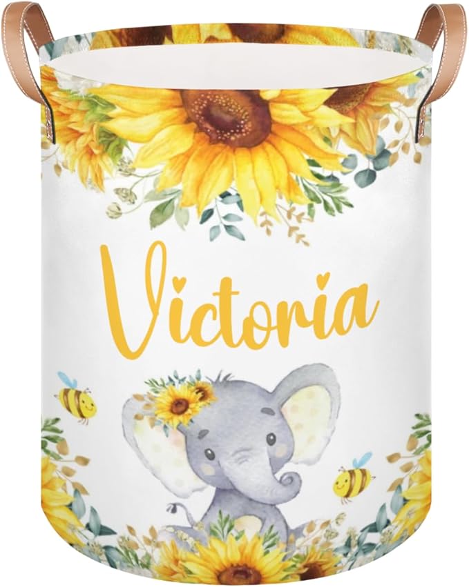 Personalized Laundry Basket, Custom Gift Laundry Hamper, Collapsible Nursery Waterproof Laundry Baskets, Dirty Clothes Toy Hamper with Handles Garden Sunflowers Elephant