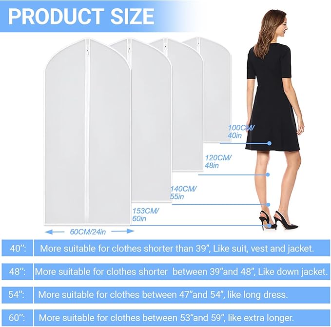 Garment Bags Covers (24''X60'' Set of 12) Long Dress Bags for Hanging Clothes (Pack of 6) with Study Full Zipper Coat Covers for Closet Clothes Storage and Travel