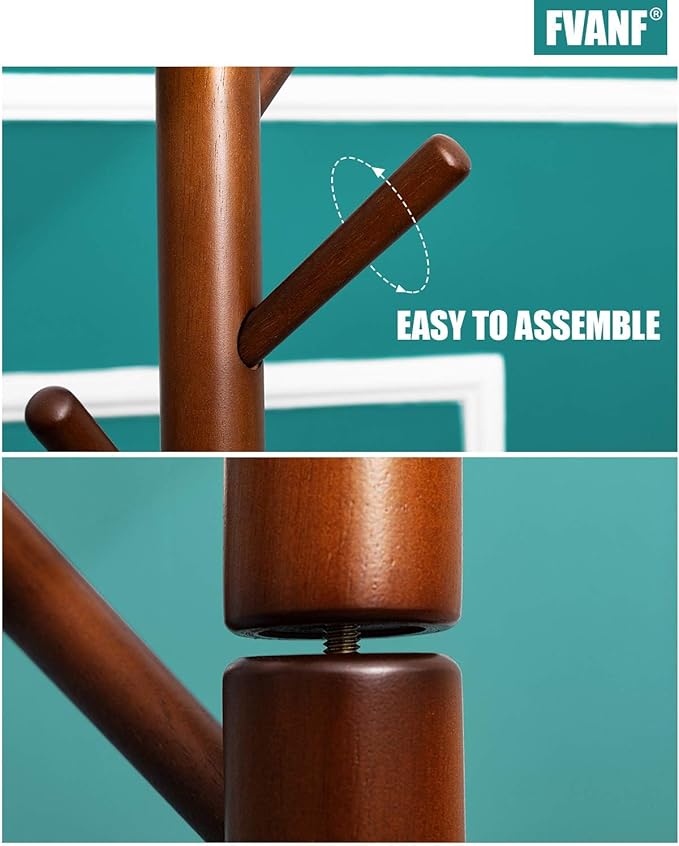 Wooden Coat Rack Rack Stand, Hall Tree Coat Tree Entryway Coat Hanger with 8 Hooks, Sturdy Round Base, for Coat, Hat, Clothes, Scarves, Handbags, Umbrella (Dark Brown)