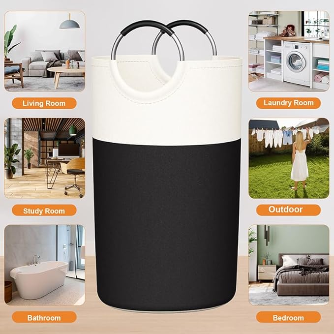 2 Pack 90L Laundry Hamper Large Collapsible Laundry Baskets Bin with Soft Aluminum Handle，Tall Freestanding Foldable Dirty Clothes Hamper Black for Laundry Room Bedroom College Dorm Bathroom（Black）