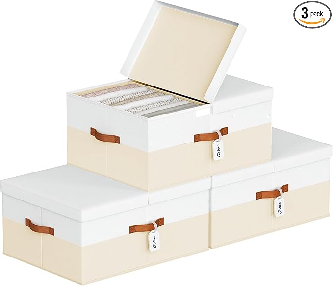 Extra Large Storage Bins - 3 Pack Closet Storage Boxes with Double-Open Lid & Divider Board, Stackable Colthes Storage Organizer, Fabric Basket with Label Tag for Home, Laundry