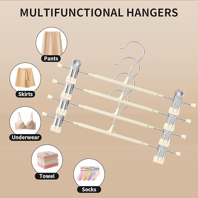 10PACK 14Inch Pants Hangers with Clips Adjustable Skirt Hangers for Women Metal Non-Slip Trousers Hanger Heavy Duty Space Saving Clothes Hanger for Shorts,Jeans,Lvory