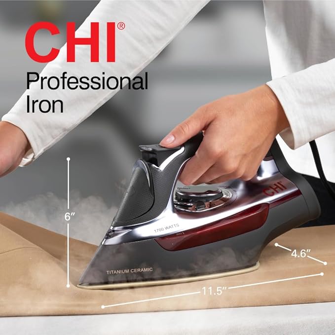 CHI Steam Iron for Clothes with 300+ Holes for Powerful Steam ing, Temperature Guide Dial, 1700 Watts, XL 10’ Cord, 3-Way Auto Shutoff, Titanium Infused Ceramic Soleplate, Silver (13101)