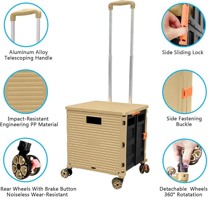 FELICON SELORSS Foldable Utility Cart Folding Portable Rolling Crate Handcart with Durable Heavy Duty Plastic Telescoping Handle Collapsible 4 Rotate Wheels for Travel Shop Move Luggage Office(Khaki