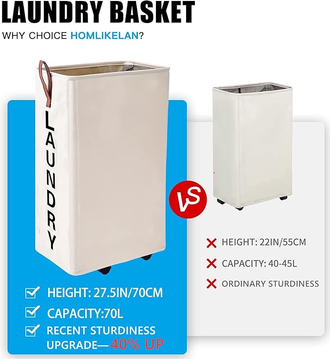70L Large Rolling Laundry Hamper - Tall Narrow Basket With Wheels, Slim Clothes Bin, 27.5" Beige