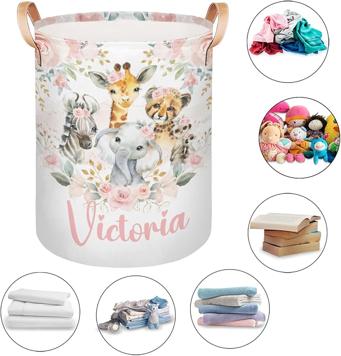 Personalized Laundry Basket, Custom Gift Laundry Hamper, Collapsible Nursery Waterproof Laundry Baskets, Dirty Clothes Toy Hamper with Handles Jungle Safari Blush Floral