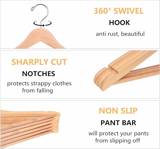 Amber Home 20 Pack 15" Natural Wooden Clothes Hangers for Woman, Teenager Clothing Hangers for Shirt Jacket, Solid Wood Dress Coat Hangers with Non Slip Pants Bar (Natural, 20)