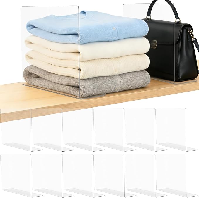 Shelf Dividers for Closet Organization: 12" Tall x 12" Deep Acrylic Shelf Dividers for Clothes Sweater Purse - Clear Closet Organizers and Storage Separators for Shelves, 12Pack
