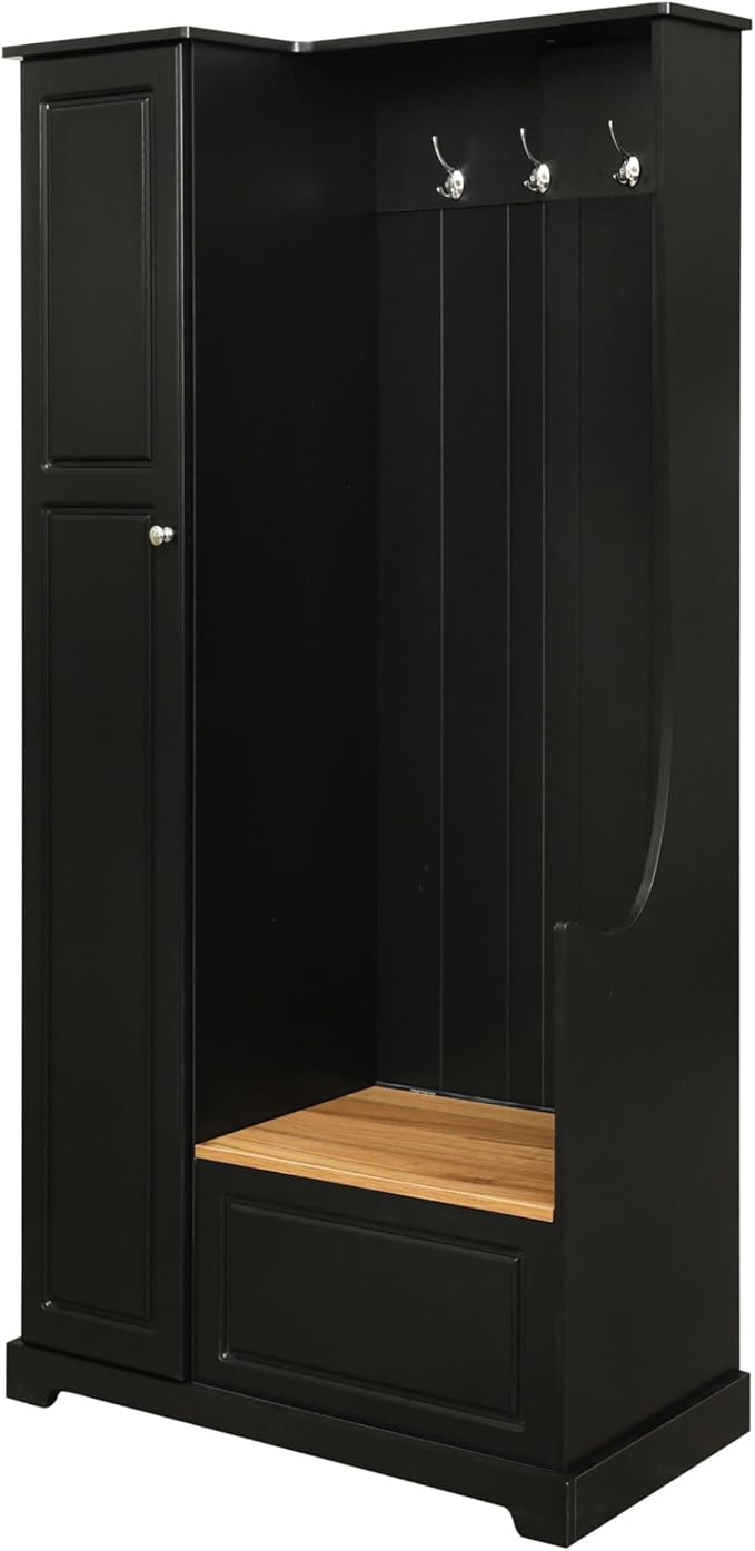 Versatile Design Hall Tree with Flip-Up Bench, 4-in-1 Minimalist Hallway Coat Hanger Shoe Cabinet with Adjustable Shelves, Entryway Coat Rack with Hanging Hooks for Entryways, Mudroom (Black-35)
