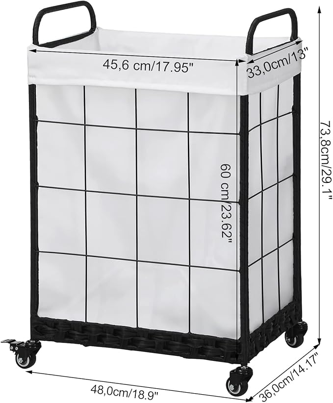 Heavy Duty Laundry Hamper with Lockable Rolling Wheels – Durable, Collapsible Laundry Basket Featuring Removable Liner Bag & Metal Handle (White)