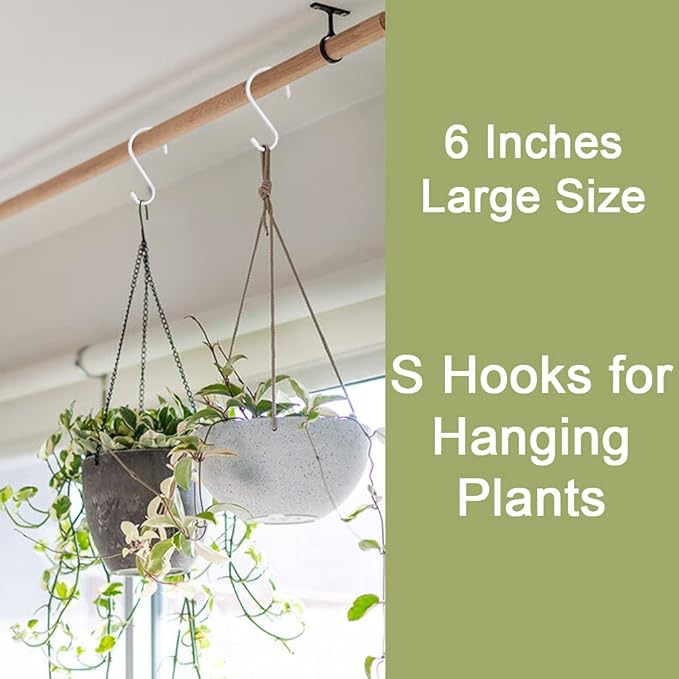 HiGift 8 Pack 6 inch White S Hooks for Hanging, Large Vinyl Coated Metal S Hooks Heavy Duty, Non Slip Rubber Coated Closet Rod Hooks for Hanging Jeans,Plants,Purse,Clothes,Bags,Pans,Pots,Cups,Towels