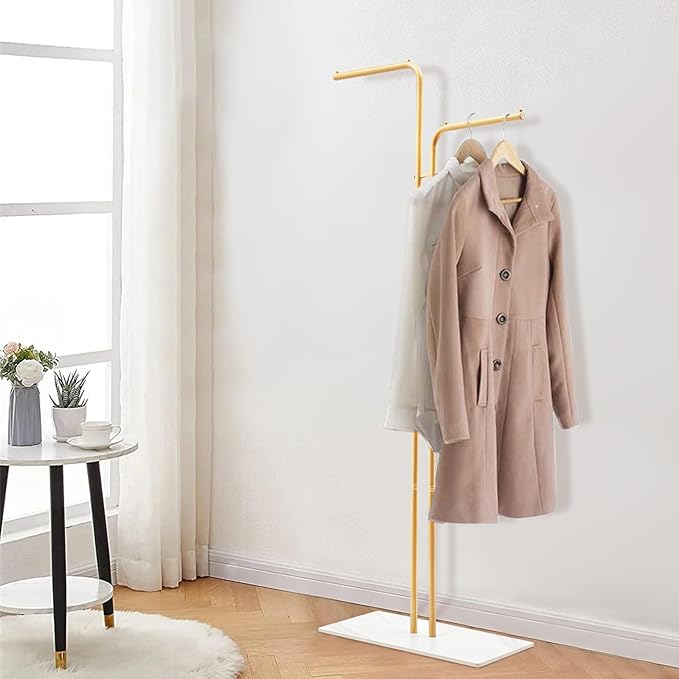 67in-Gold Clothing Rack with Base, Double Rod Freestanding Coat Rack Hanging Clothes, Bags, Hat and Shoes for Entryway Bedroom Garment Organizer, Clothing Stores Boutique Retail, Studio