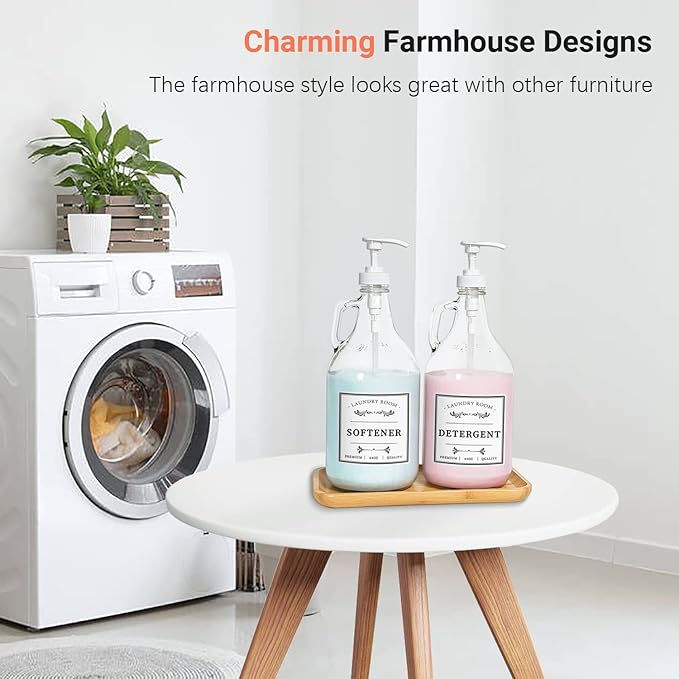 Glass Laundry Detergent Dispenser, Liquid Laundry Soap Dispenser for Laundry Room, 64oz Detergent Bleach Softener Dispenser for Farmhouse Decor, Includes Pumps, Funnel, Labels and Bamboo Tray