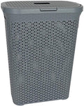 YBM Home Plastic Rattan Laundry Hamper Basket with Hinged Lid, Ventilation Holes, Durable, Lightweight Bin With Cutout Handles, Storage Dirty Clothes, Space Saver, 10.5" x 17.5" x 23.75", Grey